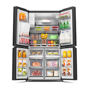 Hisense 585L PureFlat French Door Refrigerator HRCD585BW, Front view with doors open, full of food items, and bottles