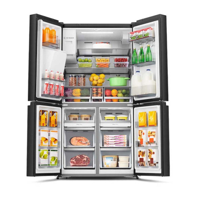 Hisense 585L PureFlat French Door Refrigerator HRCD585BW, Front view with doors open, full of food items, and bottles