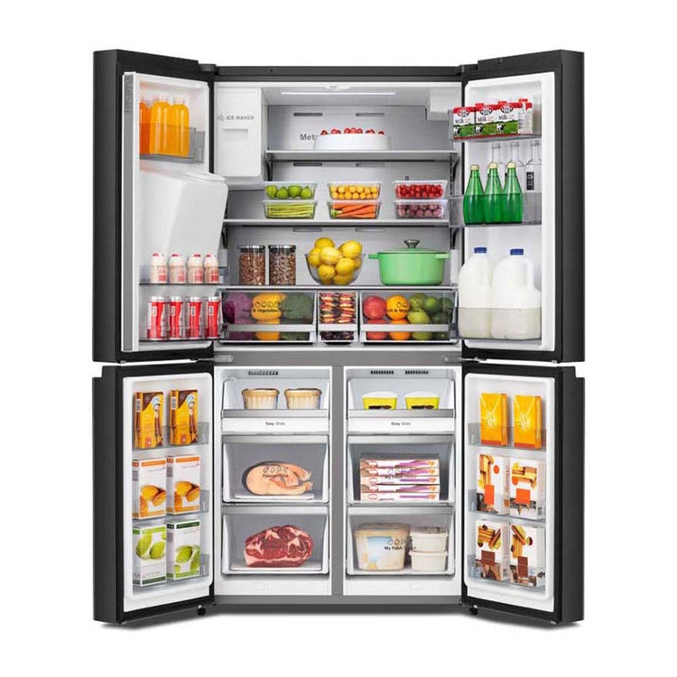 Hisense 585L PureFlat French Door Refrigerator HRCD585BW, Front view with doors open, full of food items, and bottles