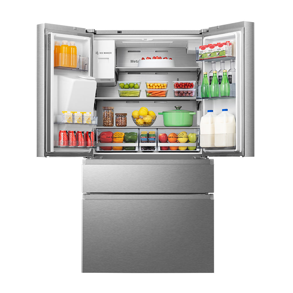 Hisense 560L French Door Fridge Stainless Steel HRFD560SW, Top open, full of food items, and bottles