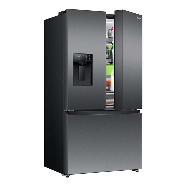 Hisense HRFD634BW 634L Pureflat French Door Fridge Black Steel, Front right view with top single door open