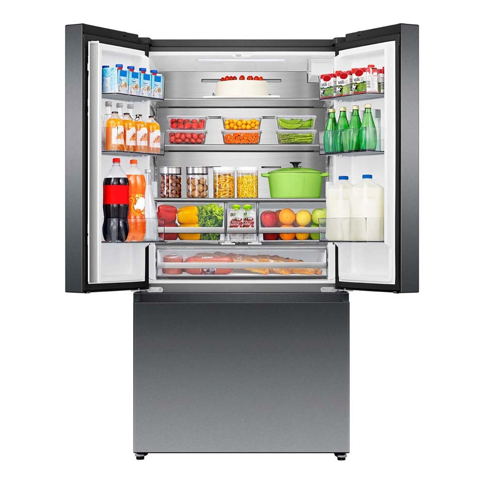 Hisense HRFD634BW 634L Pureflat French Door Fridge Black Steel, Top open, full of food items, and bottles