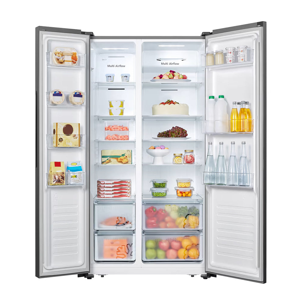 Hisense 519L Side By Side Fridge HRSBS519B, Front view with doors open, full of food items, and bottles