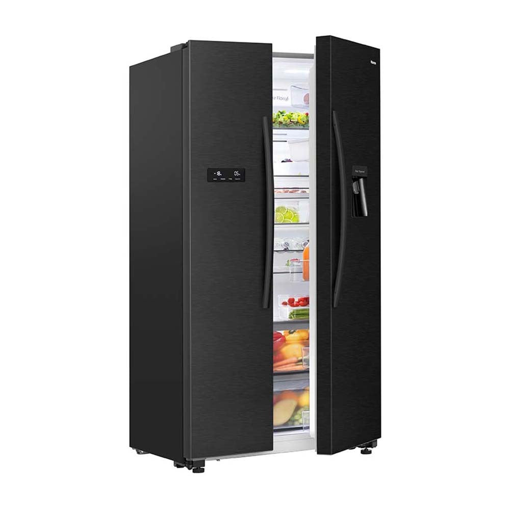 Hisense 578L Side By Side Fridge HRSBS578BW, Front view with half door open