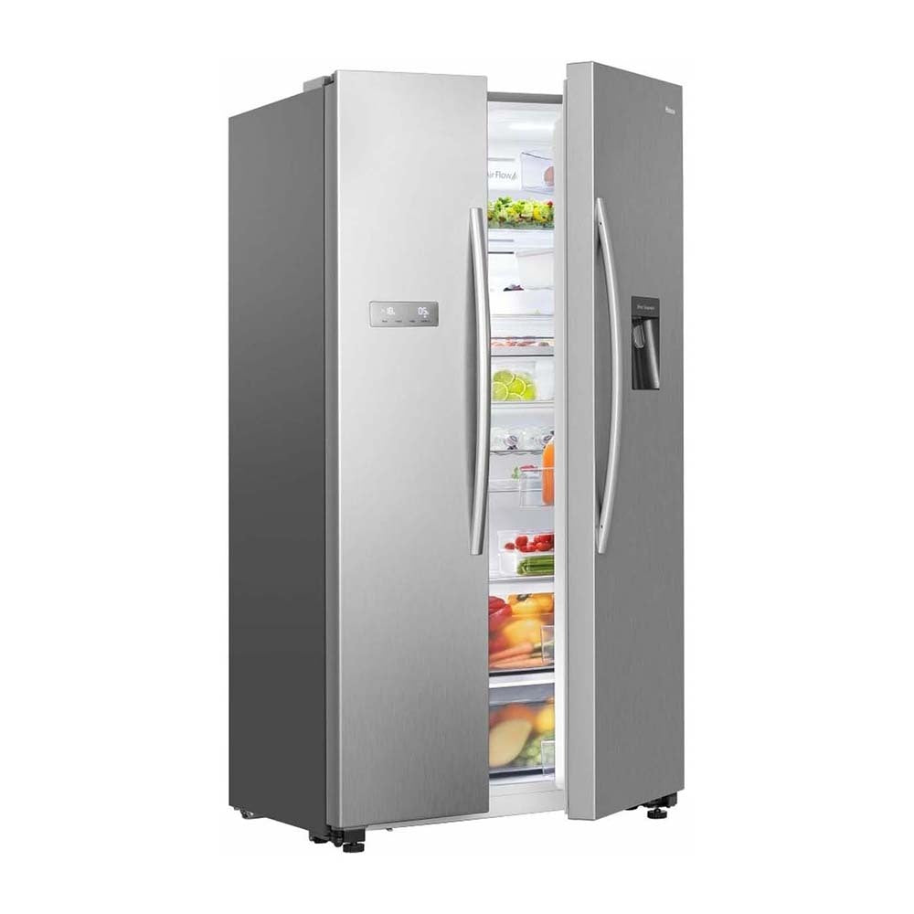 Hisense HRSBS578SW 578L Side By Side Fridge, Front right view with half door open