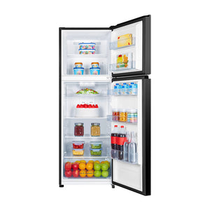 Hisense 326L Top Mount Fridge Black HRTF326B, Front view with doors open, full of food items, and bottles