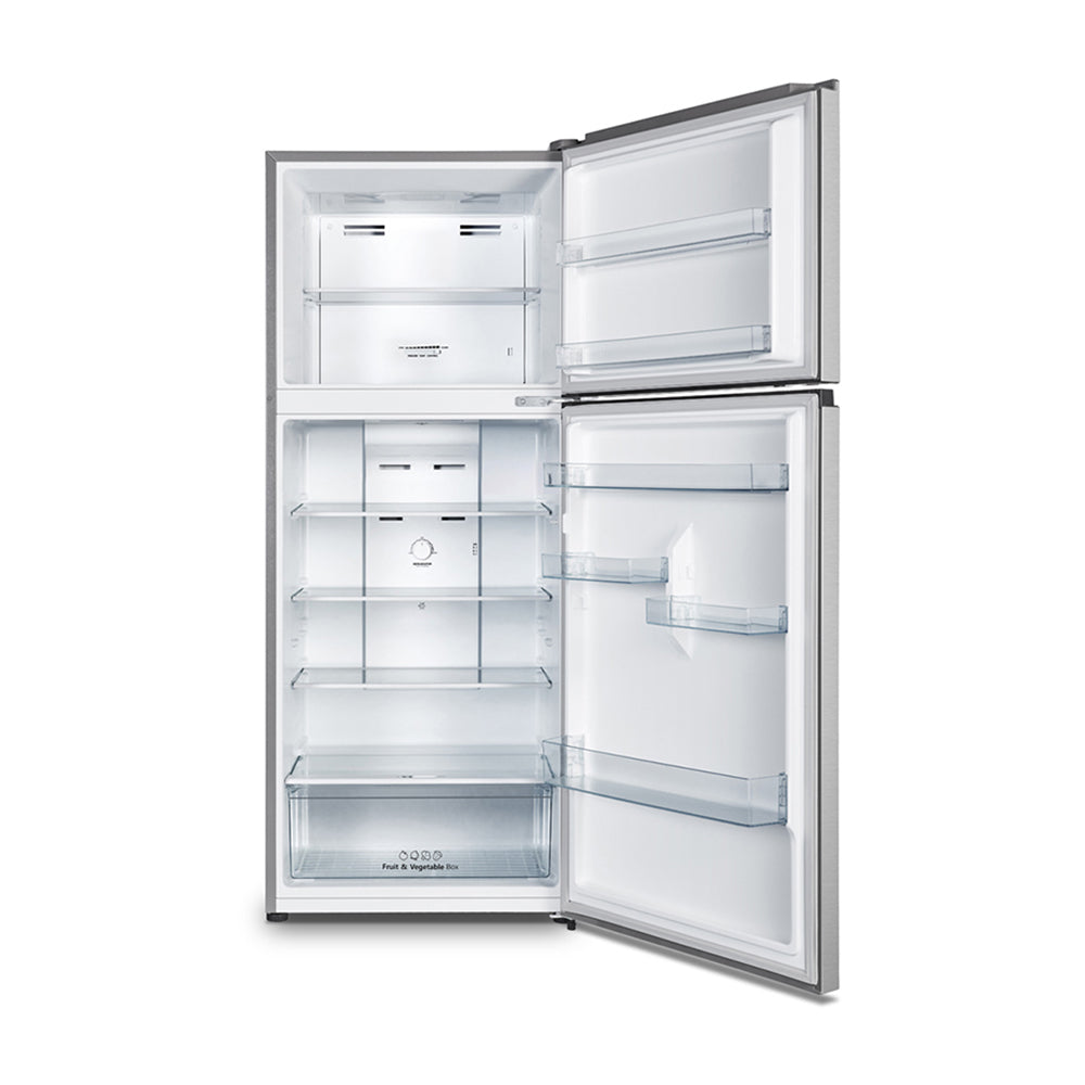 Hisense HRTF424S 424L Top Mount Fridge Silver, Front view with open doors