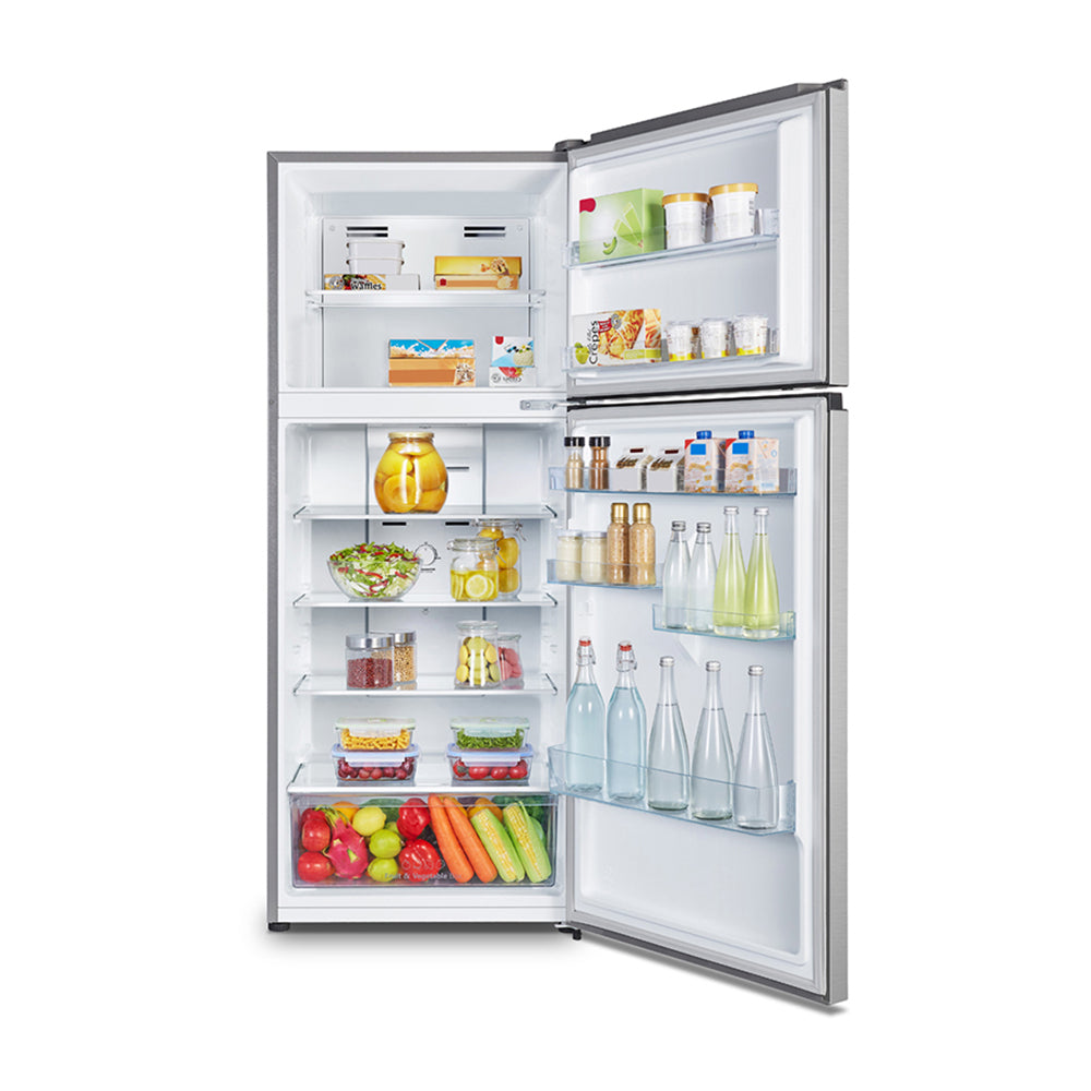 Hisense HRTF424S 424L Top Mount Fridge Silver, Front view with open doors, full of food items, and bottles