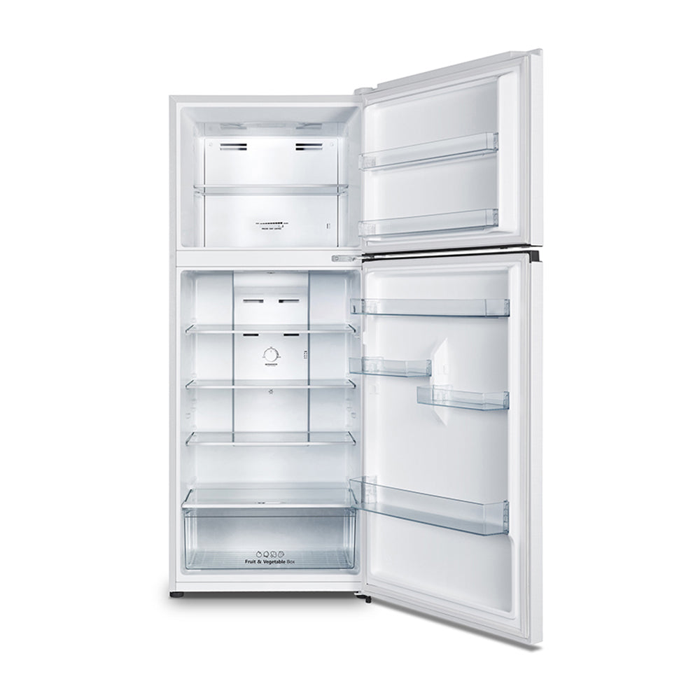 Hisense 424L Top Mount Fridge White HRTF424, Front view with doors open