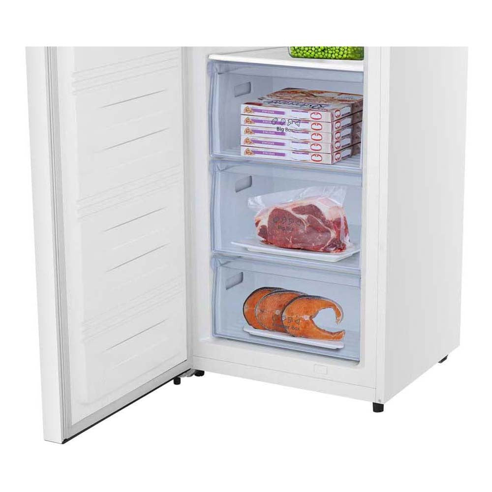 Hisense 240L Hybrid Fridge Freezer White HRVF240, Front left view with door open, full of food items