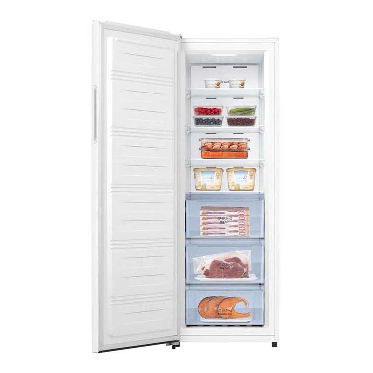 Hisense 240L Hybrid Fridge Freezer White HRVF240, Front view with door open, full of food items, and bottles