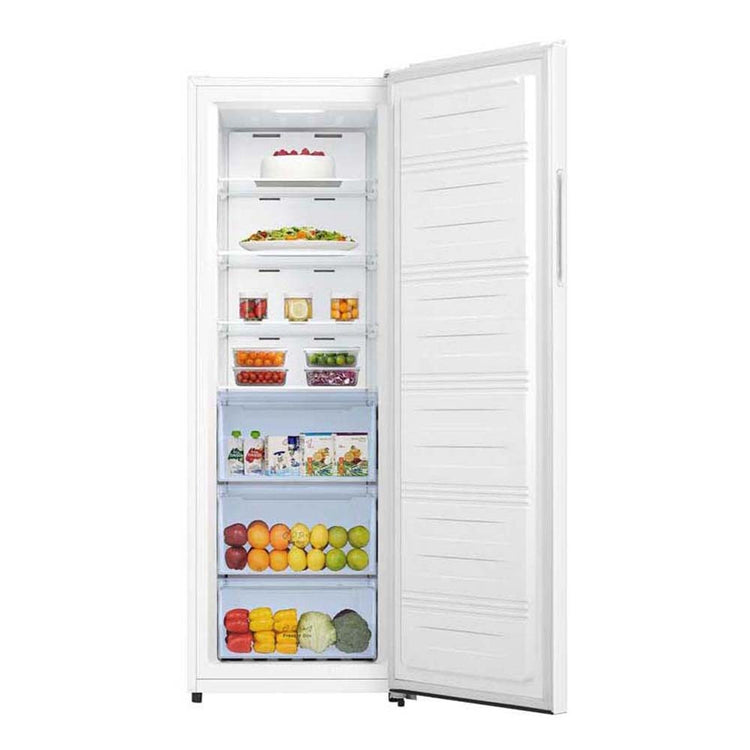 Hisense 240L Hybrid Fridge Freezer White HRVF240, Front view with door open, full of food items, and bottles