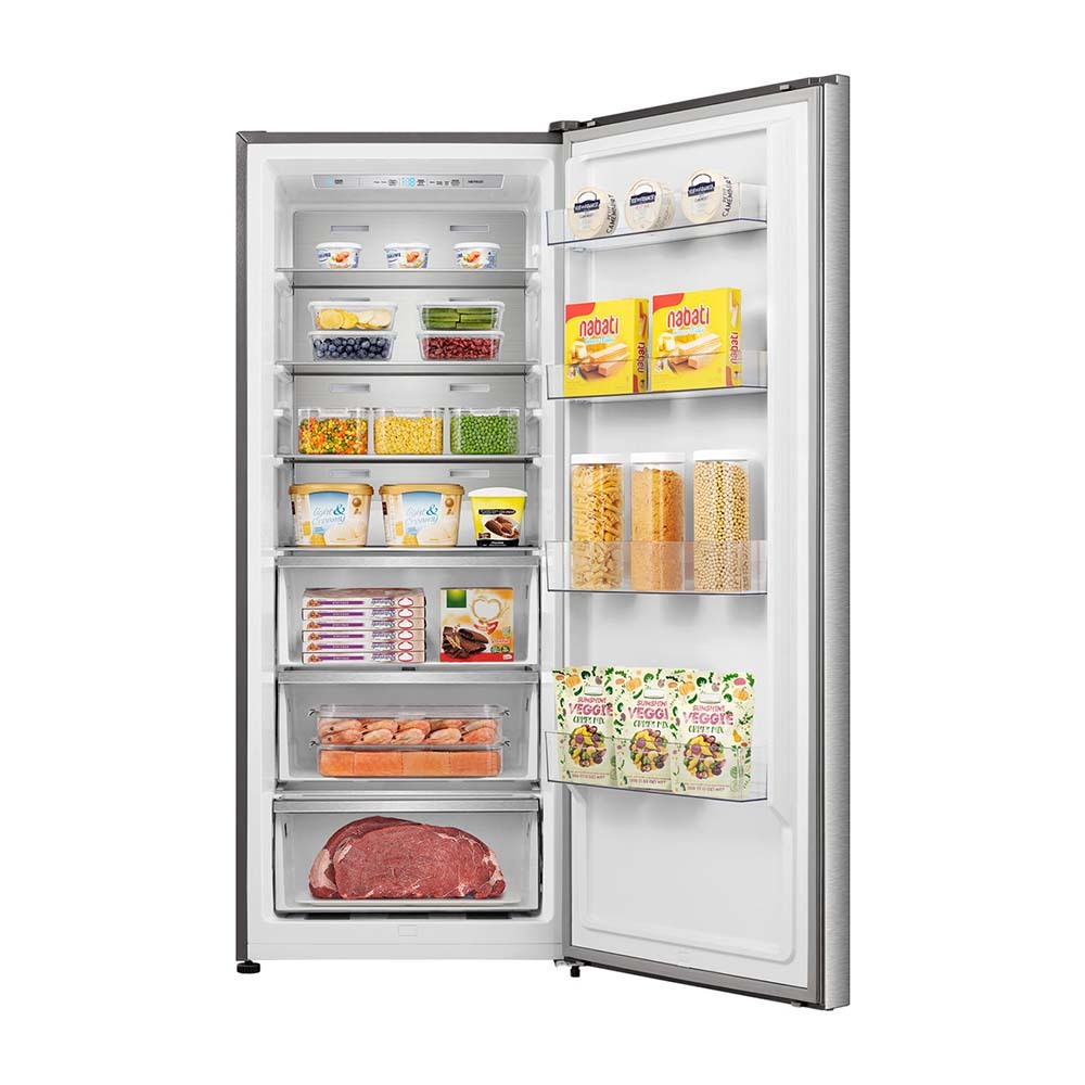 Hisense 384L Hybrid Fridge Freezer Stainless Steel HRVF384S, Front view with door open, full of food items, and bottles