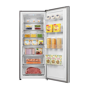 Hisense 384L Hybrid Fridge Freezer Stainless Steel HRVF384S, Front view with door open, full of food items, and bottles