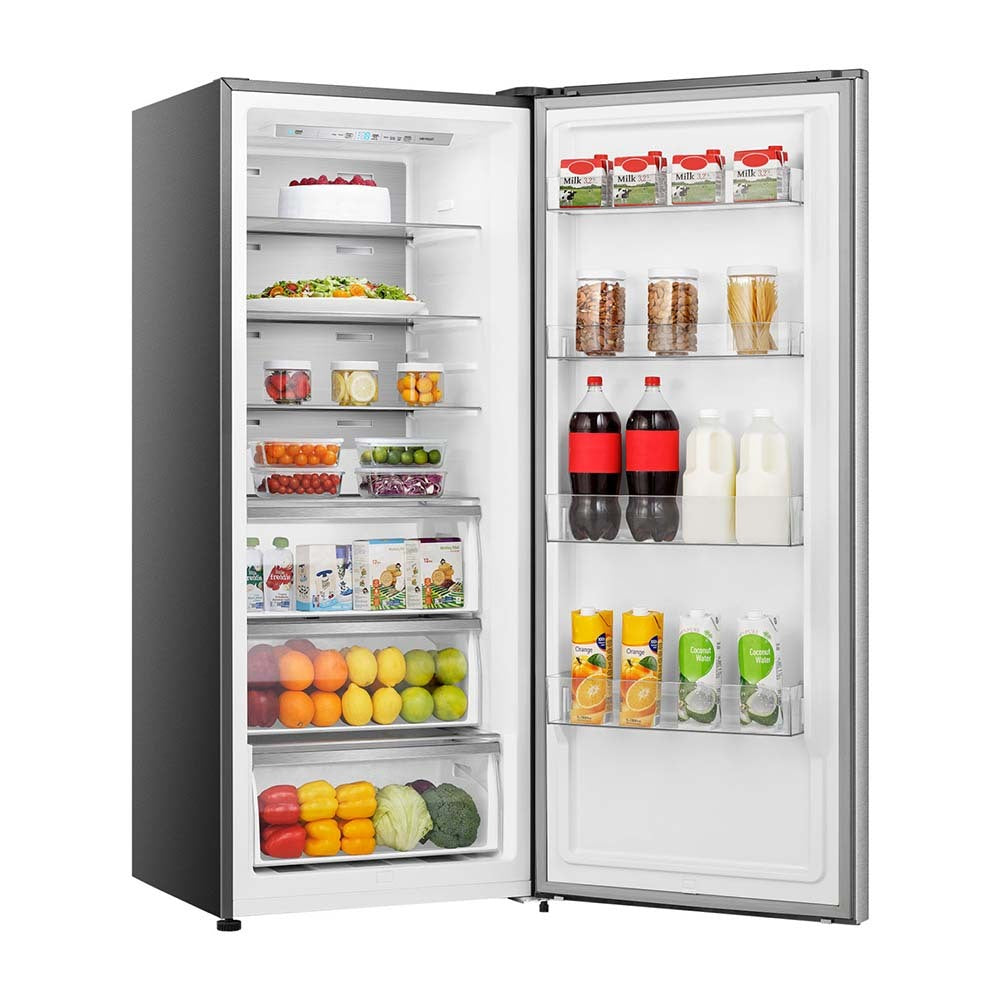 Hisense 384L Hybrid Fridge Freezer Stainless Steel HRVF384S, Front right view with door open, full of food items, and bottles