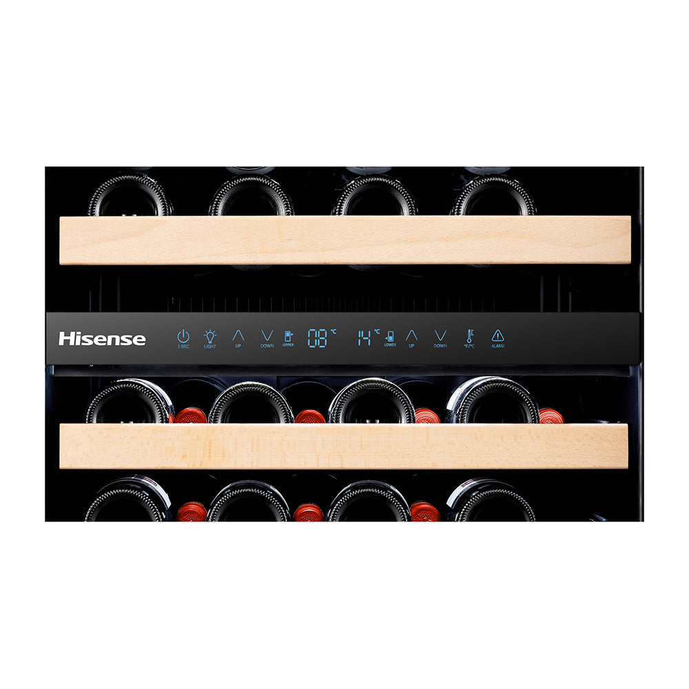 Hisense HRWC46 46 Bottle Dual Zone Wine Cellar, Front inside view with bottles