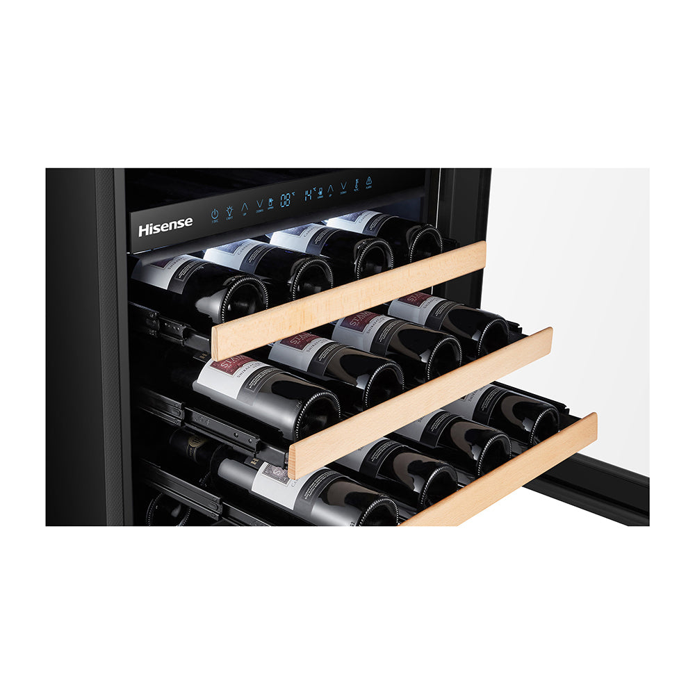 Hisense HRWC46 46 Bottle Dual Zone Wine Cellar, Front open with bottles