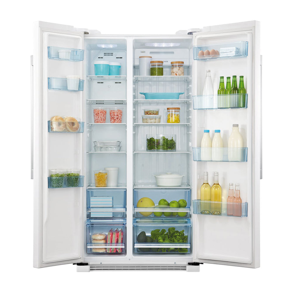 Haier HSBS628AW 629L Side By Side Fridge, Front view with doors open, full of food items, and bottles