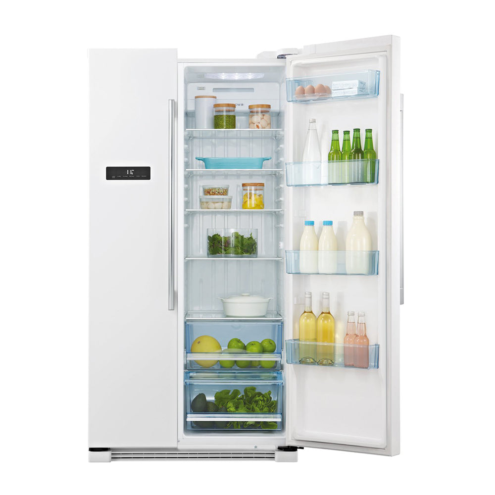 Haier HSBS628AW 629L Side By Side Fridge, Front view with single door open, full of food items, and bottles