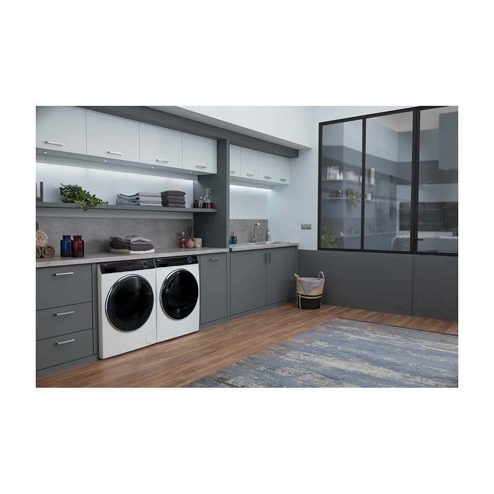 Haier 8kg Front Load Washer with UV Protect HWF80AN1, Front right  view in a laundry room