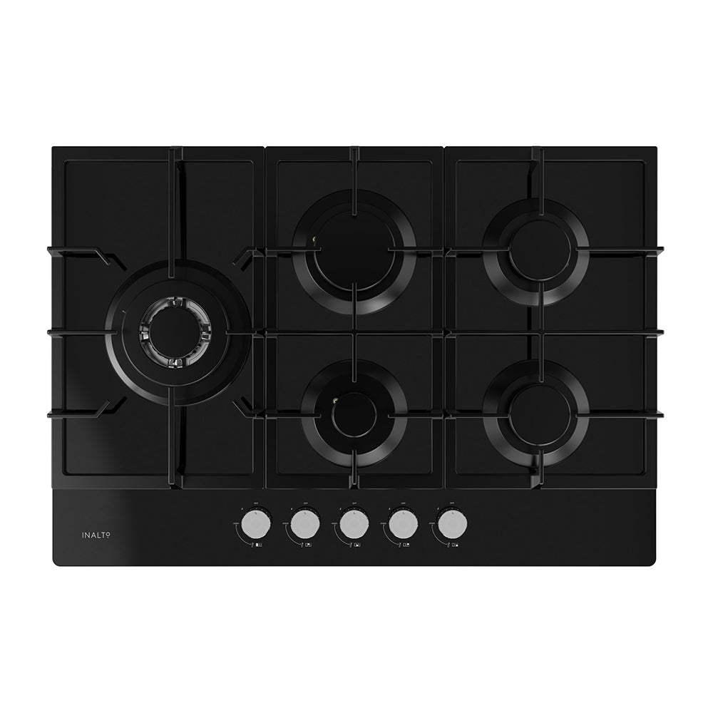 Inalto 75cm Gas Cooktop Black Glass with Wok Burner ICGG755W, Top view