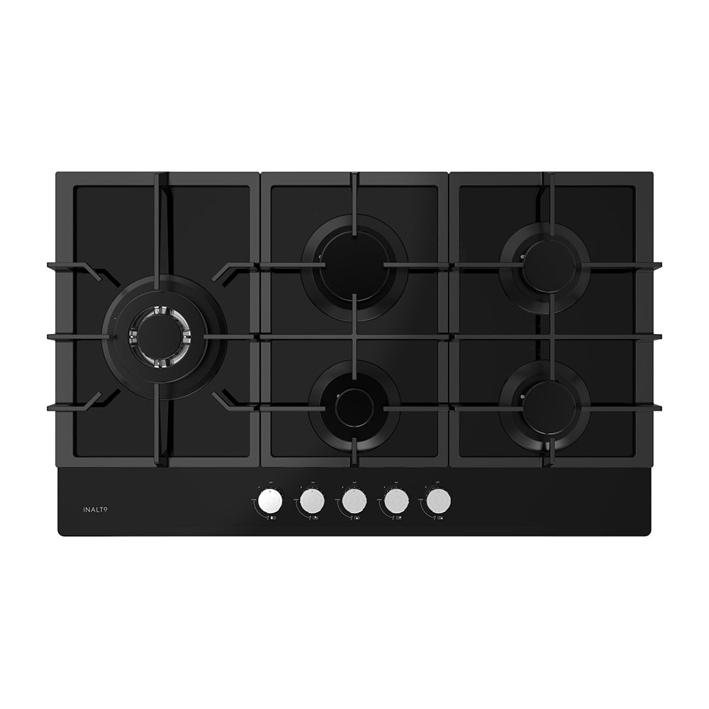 Inalto 90cm Gas Cooktop Black Glass with Wok Burner ICGG905W, Top view