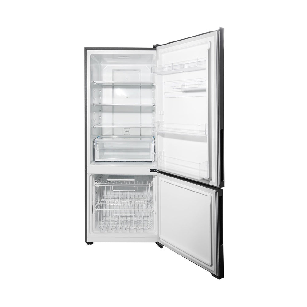 Kelvinator KBM4502AA 453L Bottom Mount Fridge Artic Silver, Front view with doors open