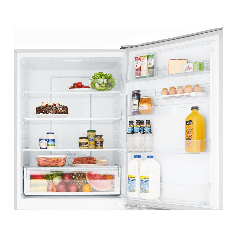 Kelvinator 528L Bottom Mount Fridge White KBM5302WA, Front view with single door open filled with groceries and bottle