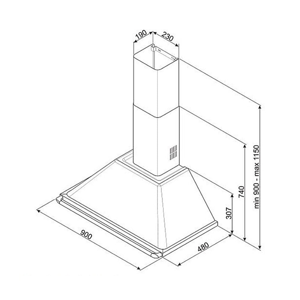 Smeg 90cm Wall Mount Canopy Rangehood KT90BA, Dimensions