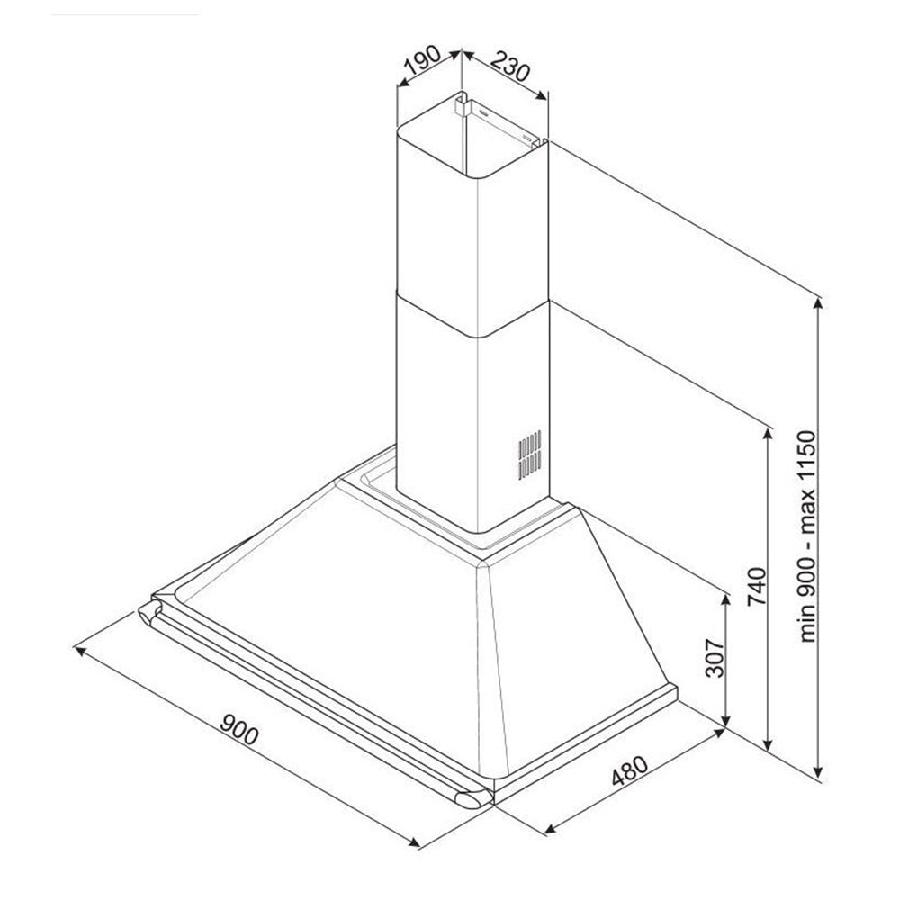 Smeg 90cm Wall Mount Canopy Rangehood KT90BLA, Dimensions