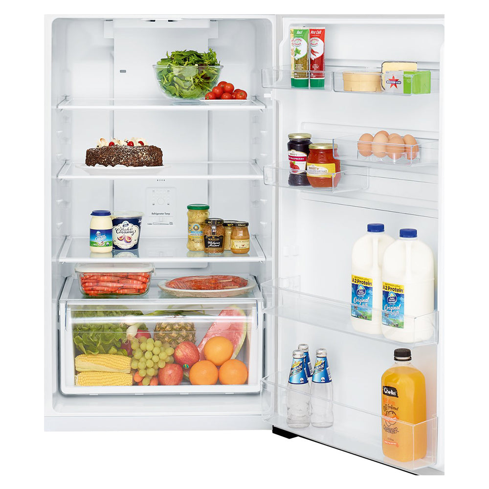 Kelvinator KTM4602AA 460L Top Mount Fridge, Bottom open, full of food items, and bottles