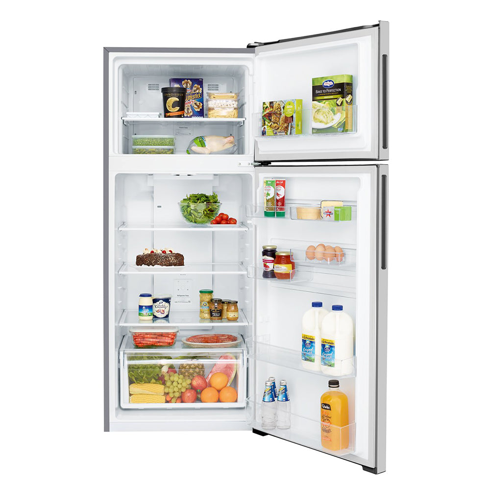 Kelvinator KTM4602AA 460L Top Mount Fridge, Front view with open doors, full of food items, and bottles