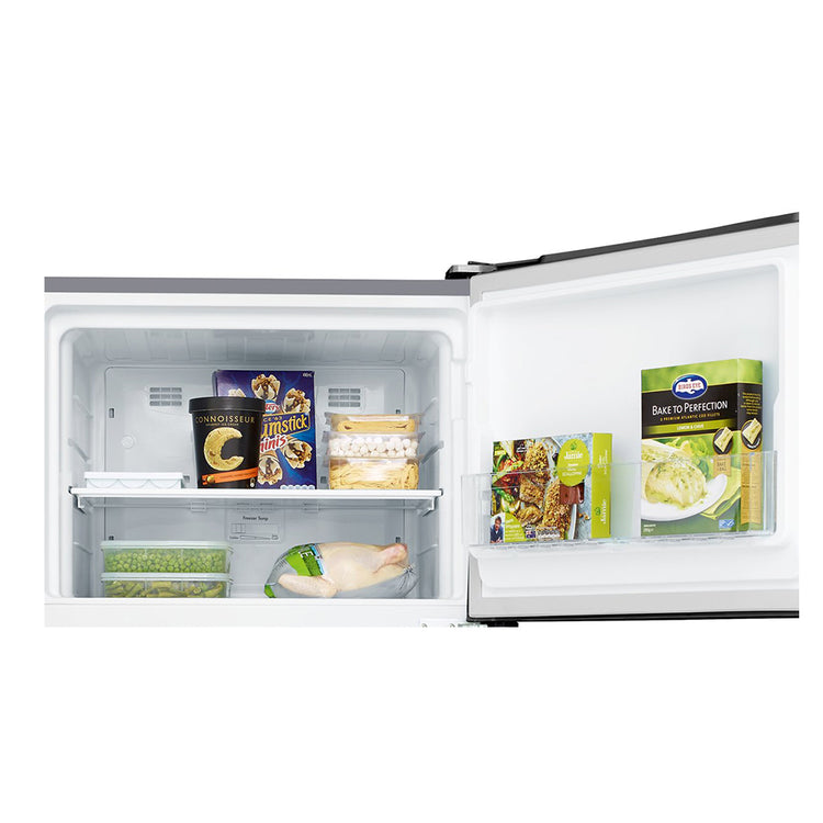 Kelvinator KTM4602ACR 460L Top Mount Fridge Silver, Top open, full of food items