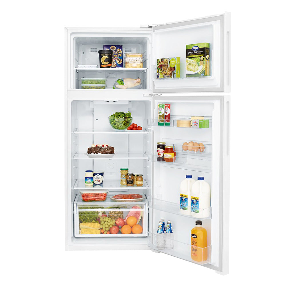 Kelvinator KTM4602WA 460L Top Mount Fridge White, Front view with open doors, full of food items, and bottles