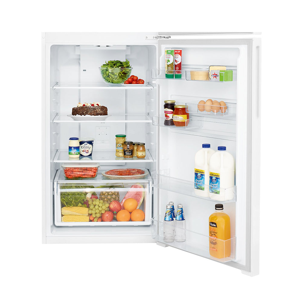 Kelvinator KTM4602WA 460L Top Mount Fridge White, Bottom open, full of food items, and bottles