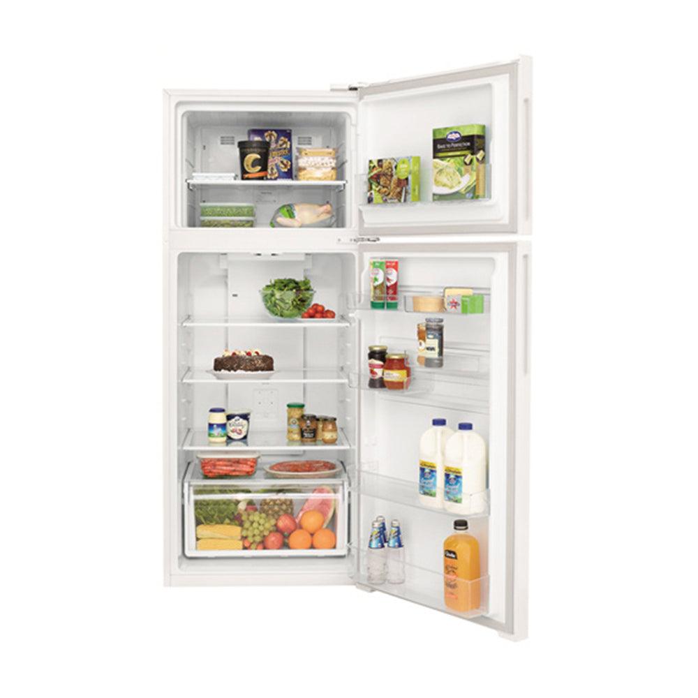 Kelvinator KTM4602WCR 431L Top Mount Fridge White, Front view with doors open, full of food items, and bottles