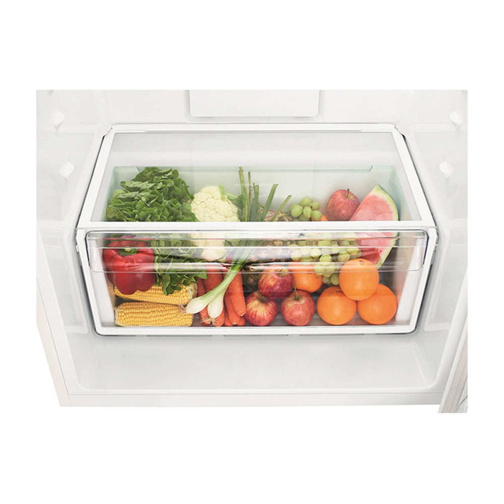 Kelvinator KTM4602WCR 431L Top Mount Fridge White, Vegetable crisper drawer view, full of vegetables and fruits