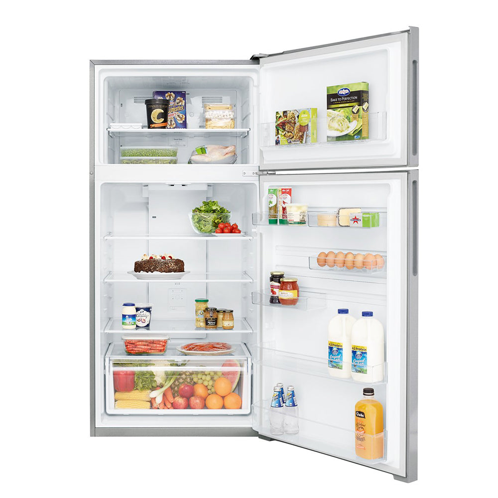 Kelvinator KTM5402AA 540L Top Mount Fridge, Front view with open doors, full of food items, and bottles