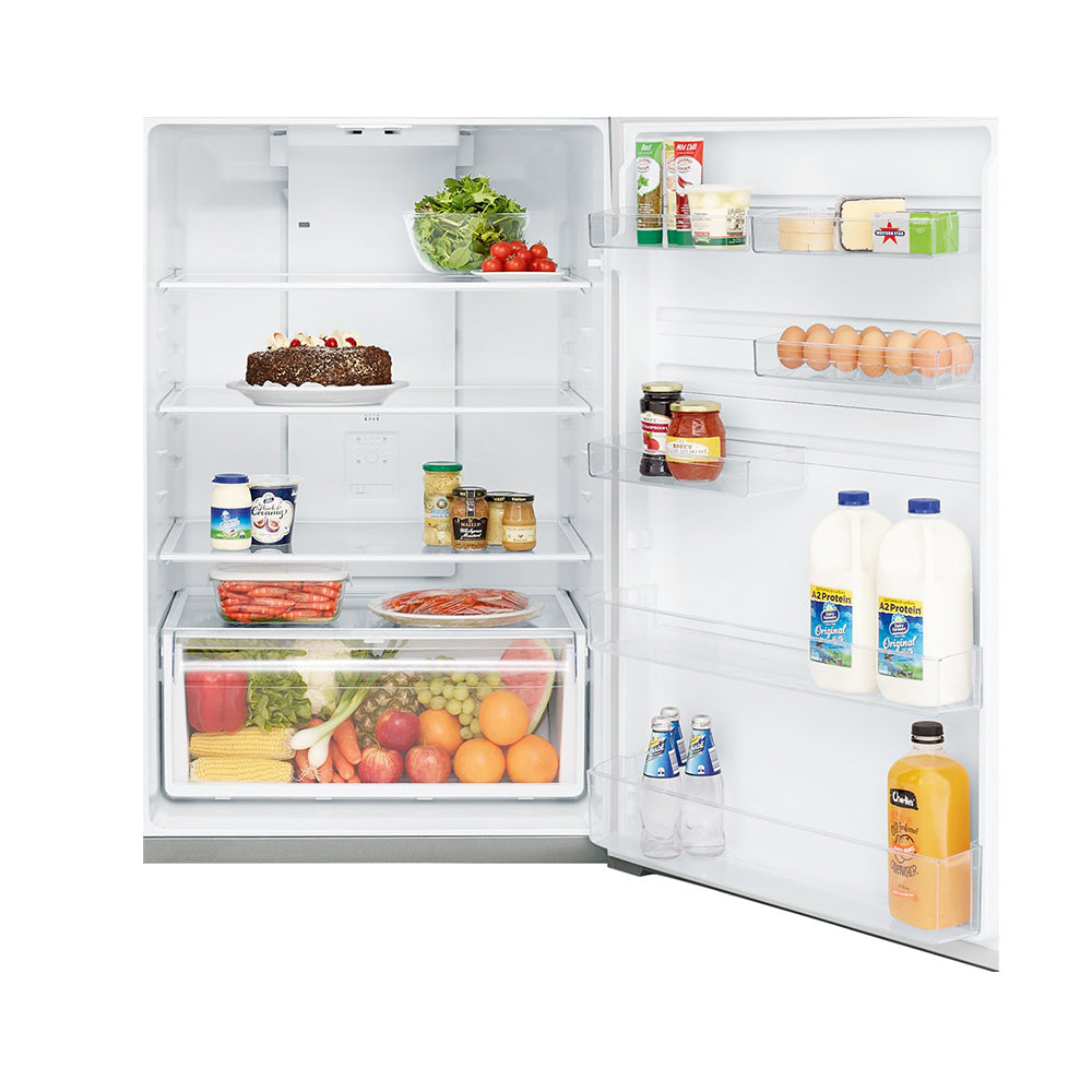 Kelvinator KTM5402AA 540L Top Mount Fridge, Bottom open, full of food items, and bottles