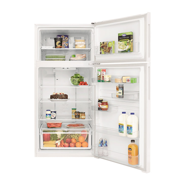 Kelvinator KTM5402WCR 503L Top Mount Fridge White, Front view with doors open, full of food items, and bottles