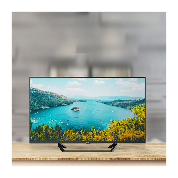 CHiQ L40G7P 40 Inch Full HD Android TV, Front view on a cabinet