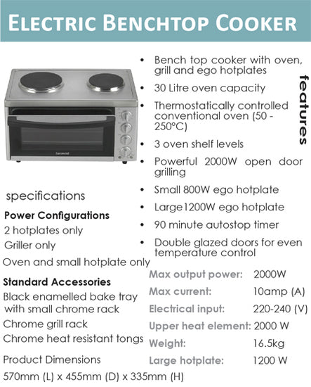 Euromaid Portable Benchtop Oven with Cooktop MC130T, Specifications