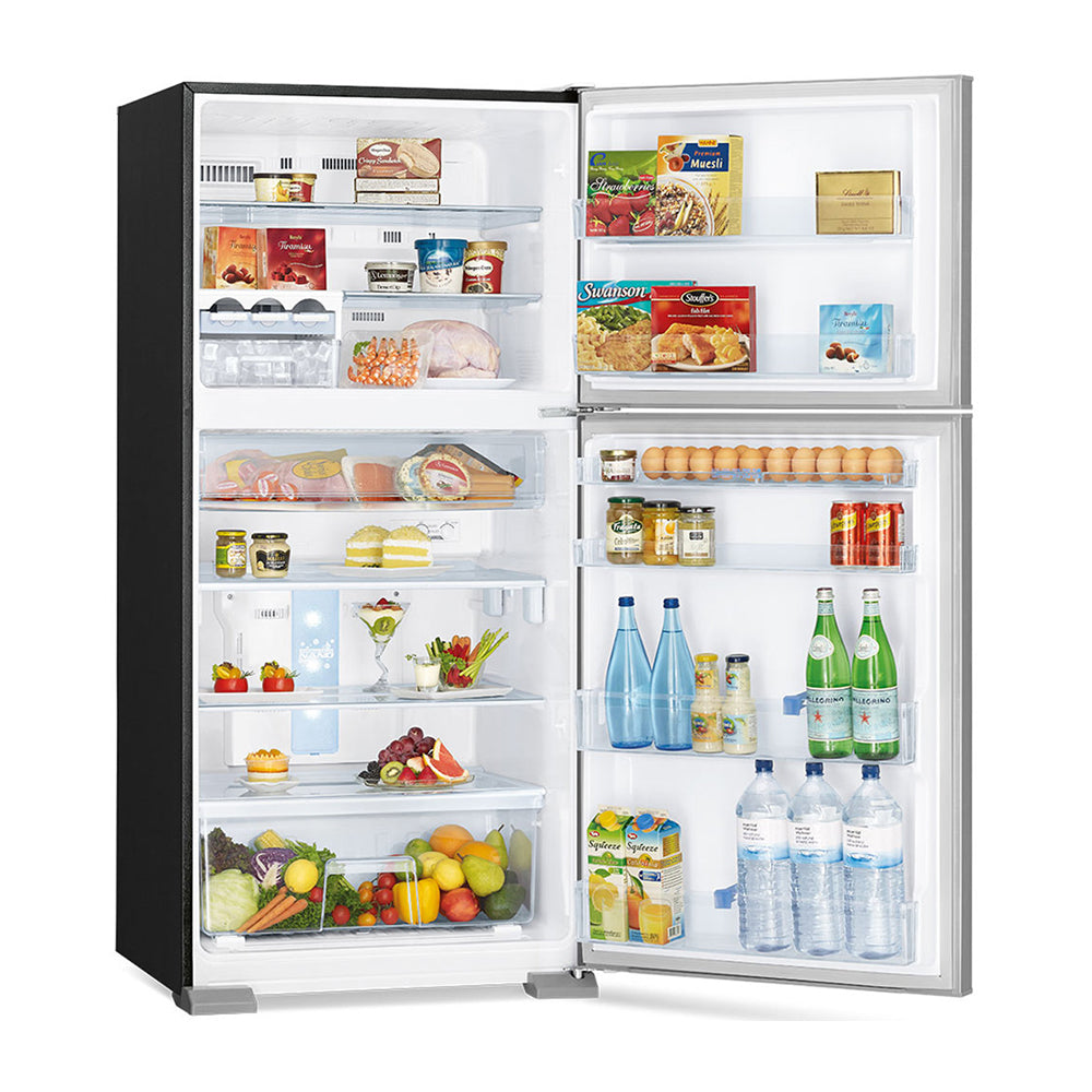 Mitsubishi MR508EKSBA 508L Top Mount Fridge Stainless Steel, Front right view with open doors, full of food items, and bottles