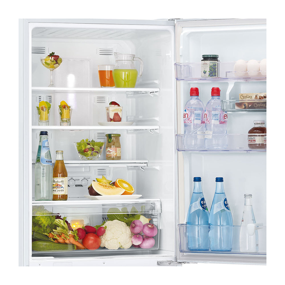 Mitsubishi Electric 390L Bottom Mount Fridge White MRBF390EKSTA2, Front view with single door open filled with groceries and bottles