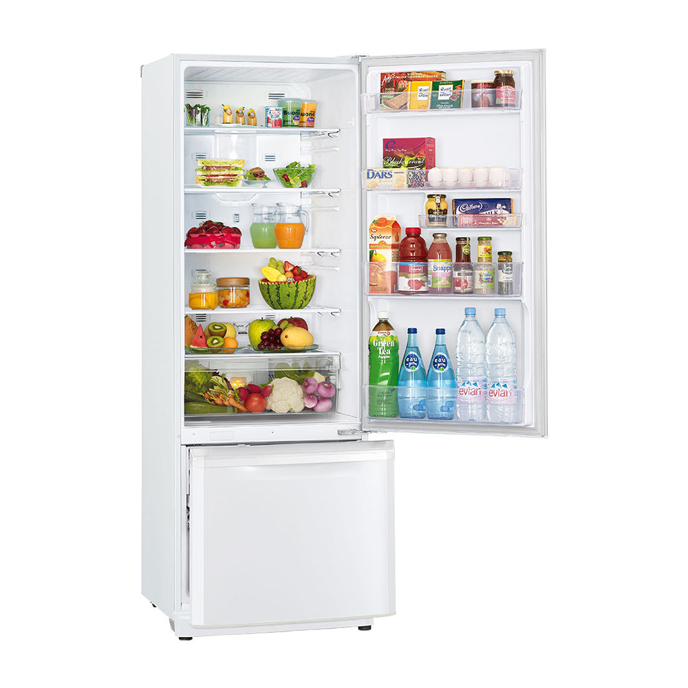 Mitsubishi Electric 390L Bottom Mount Fridge White MRBF390EKSTA2, Front right view with open door filled with groceries and bottles