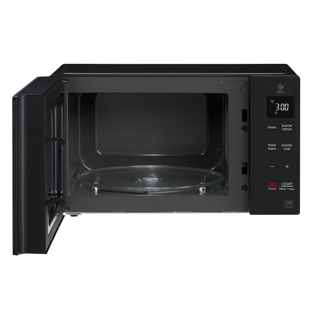 LG NeoChef 23L Smart Inverter Microwave Oven Black MS2336DB, Front view with door open