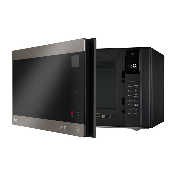 LG 42L NeoChef Microwave Oven Black Stainless Steel MS4296OBSS, Front left view with door open