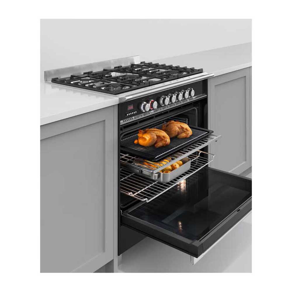 Fisher and Paykel OR90SCG4B1 90cm Dual Fuel Freestanding Cooker, Front right view, front open with food inside oven