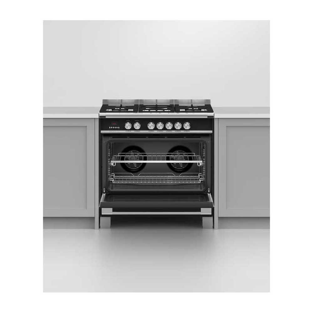 Fisher and Paykel OR90SCG4B1 90cm Dual Fuel Freestanding Cooker, Front open