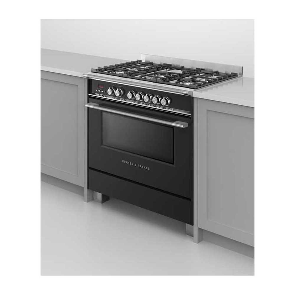 Fisher and Paykel OR90SCG4B1 90cm Dual Fuel Freestanding Cooker, Front left view